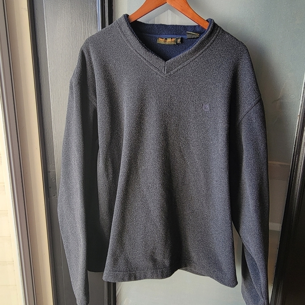 Timberland Sweater Pullover Mens Size XL Dark Gray Fleece V-Neck Logo Embroidere